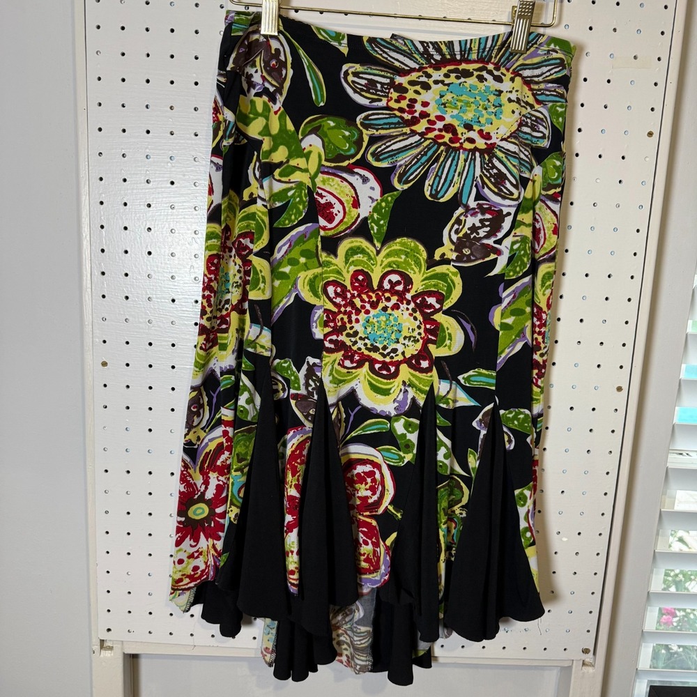 Bisou Bisou Maxi Skirt Women's Small Black Green Abstract Floral Flounce Hem VTG